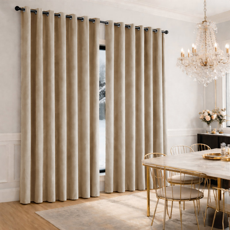 Heavy Velvet Eyelet Ready Made Thermal Drapes & Curtains, Beige, 168cm Width x 183cm Drop