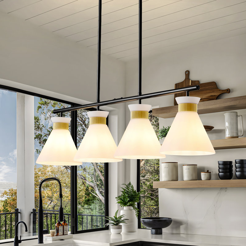 Luminaire suspendu linéaire à 4 lumières avec abat-jour en verre blanc laiteux Undercliff, Noir mat