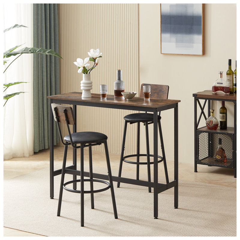 Rustic Brown 3-Piece Bar Table Set with 2 PU Upholstered Stools and Backrests