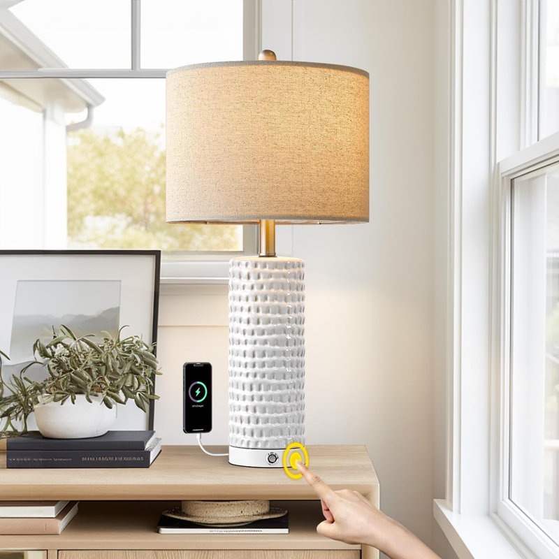 Everly Quinn 24" Farmhouse 3-Way Dimmable Touch Ceramic Table Lamp Set Of 2 For Bedroom Bedside Lamps With USB A+C Charging Ports For Living Room Nightstand Lamp End Table Lamps