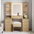43.5 Inch Fluted Makeup Vanity Desk With Mirror, Lights, And Charging Station, Modern Glass Top With 10 Drawers And 2 Transparent Cabinets, Oak-1023729382