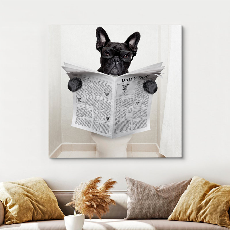 Animaux, mignon, bouledogue français lisant le journal sur la toilette, décoration sur toile, art mural