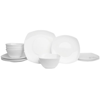 Naveah White Soft Square 12-Pc Dinnerware Set , Service For 4, Bone China, White