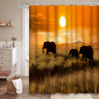 Africa National Park Wildlife Elephant Sunset Shower Curtain with 12 Hooks