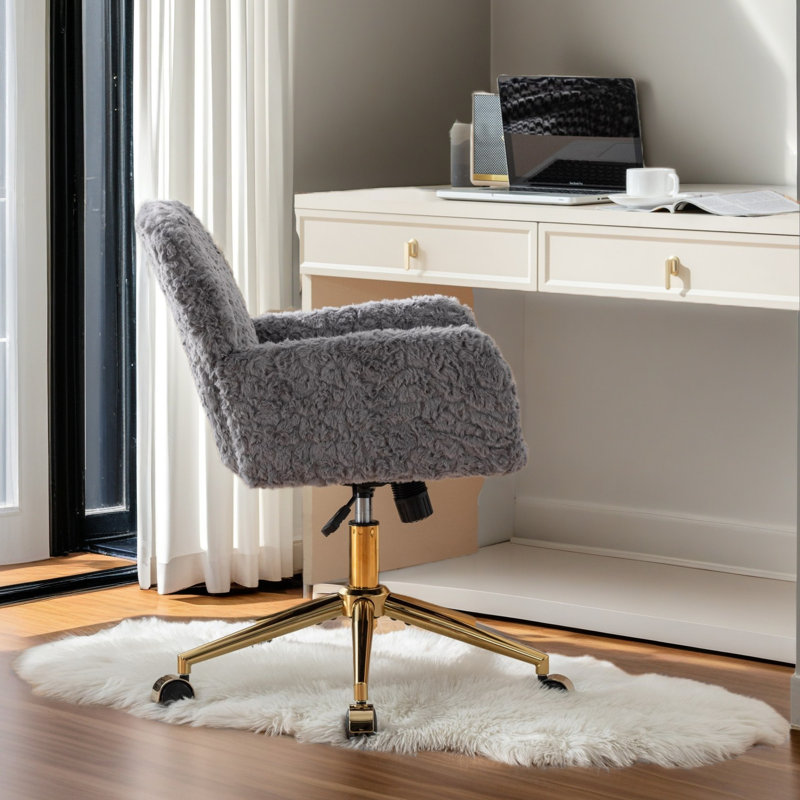 Artificial Rabbit Hair Home Office Chair With Golden Metal Base,Adjustable Desk Chair Swivel Office Chair,Vanity Chair, Gray