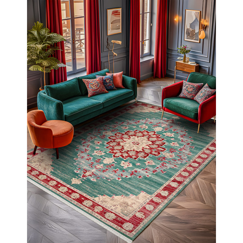 Girraj Burgundy Green Oriental Machine Printed CGirrajn Polyester Area Rug, Runner 4' x 10'6"