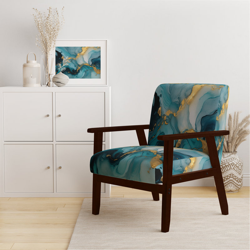Berdahl Marble Upholstered Armchair, Turquoise/Gold Polyester, Brown Square Arms