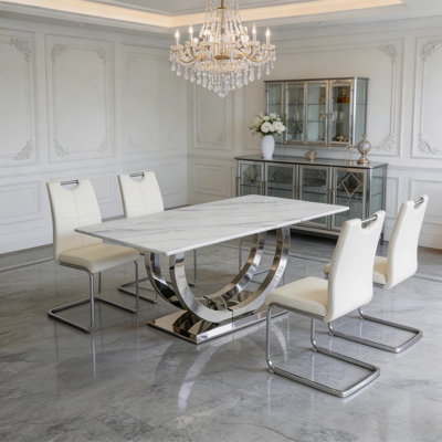 69" Modern Rectangle Faux Marble Dining Table Set For 4, Rectangle Kitchen Table With 4 PU Leather Chairs