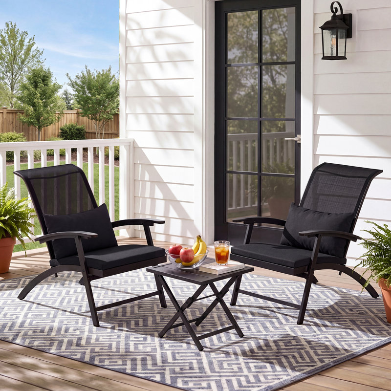 3-Piece Outdoor Patio Furniture Set, Folding Conversation Set with Coffee Table, Adirondack Chairs for Garden, Balcony, Backyard, Poolside, All-Weather Wicker Patio Chairs (Black Cushion)