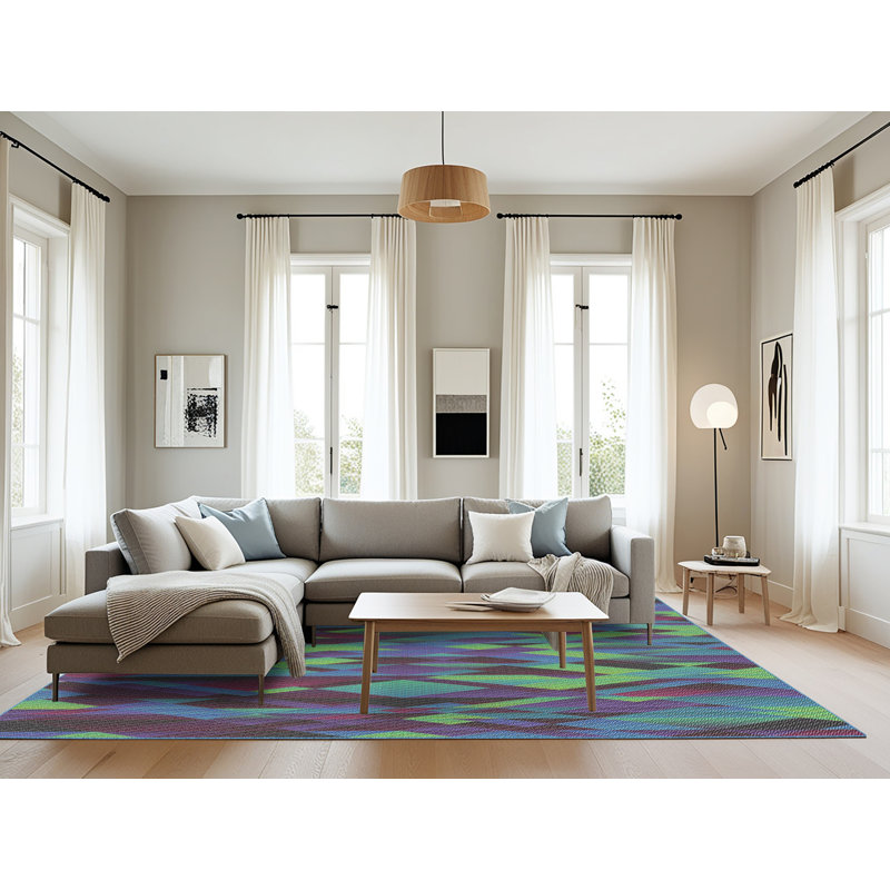 Tapis vert/brun/bleu à motif, Rectangle 8 pi x 10 pi