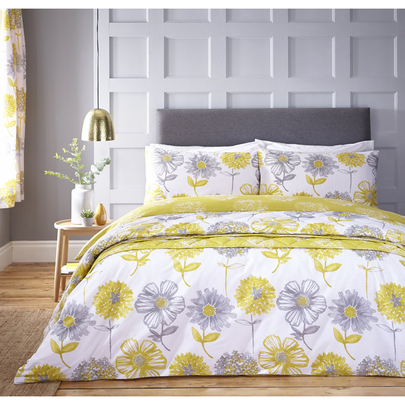 Banbury Floral Room Darkening Curtains, Ochre/Grey