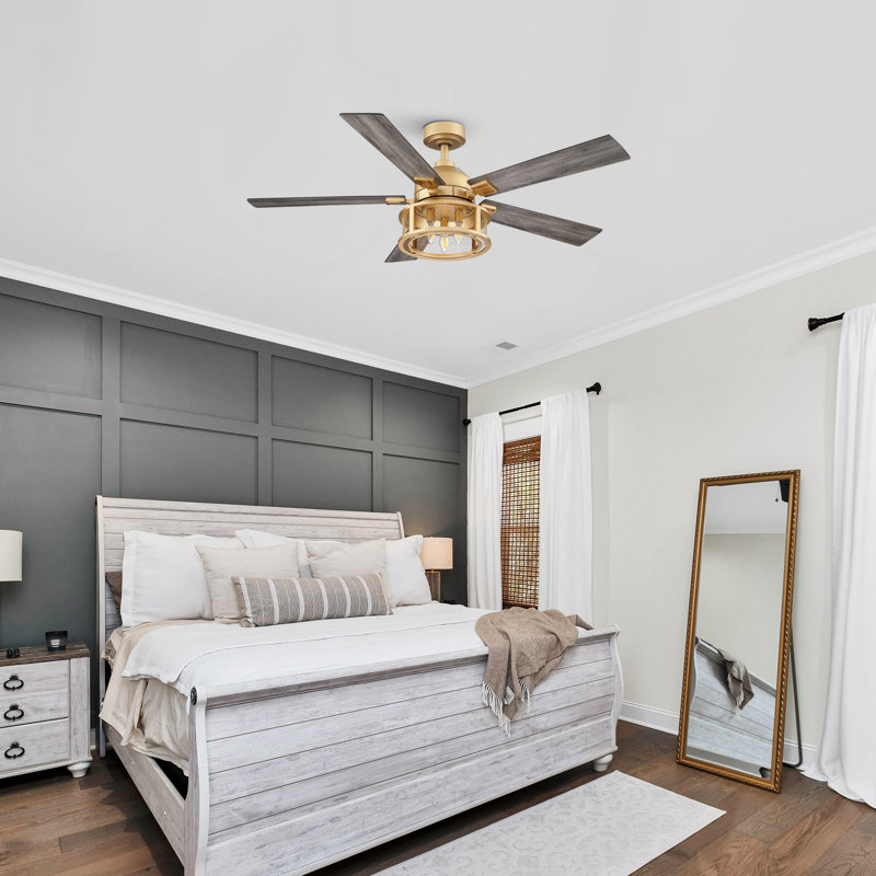 Rippeon 52'' Ceiling Fan with Light Kit, Gold with Walnut/Oak Blades