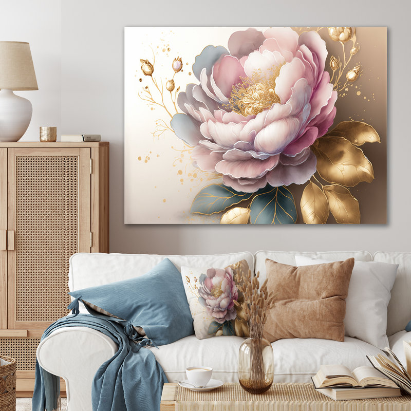 Pink And Gold Camellia Flower II  Flower Metal Wall Decor, 24" H x 32" W