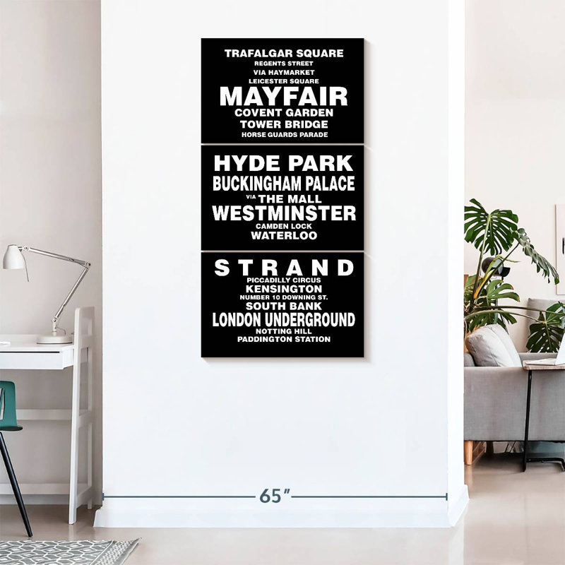 «Travel And Adventure Quotes London Bus Roll On Canvas», reproduction de 3 pièces, H 75 po x l 36 po x P 1,25 po