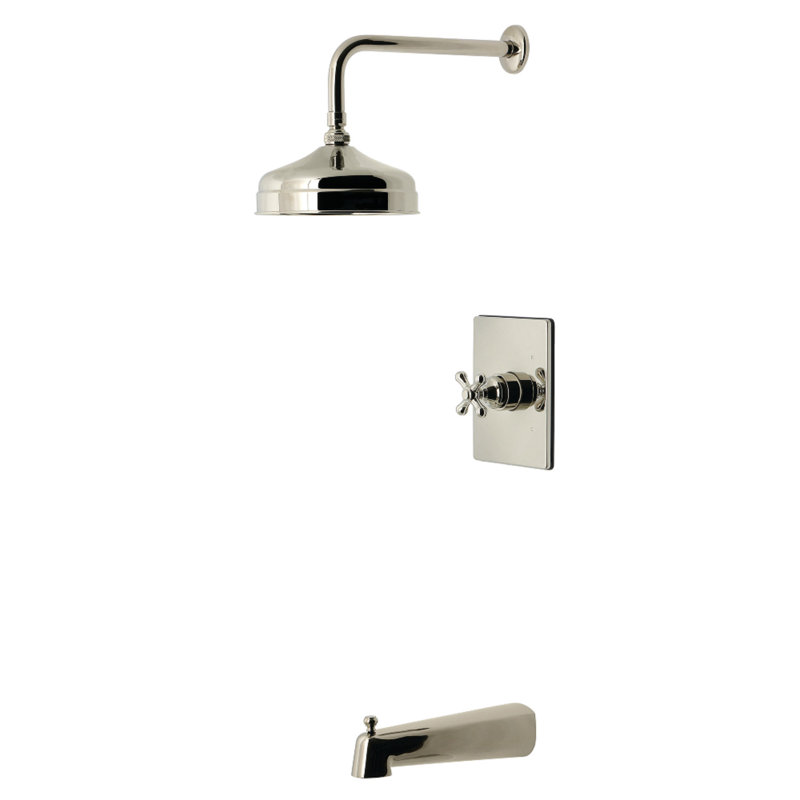 Robinet de baignoire et de douche à pression équilibrée à poignée simple Kingston Brass, Poignées croix, Nickel poli