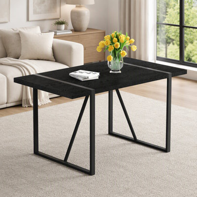 55-Inch Minimalist Retro Rectangular Dining Table, Black Textured Top with Inset Metal Legs for Versatile Use