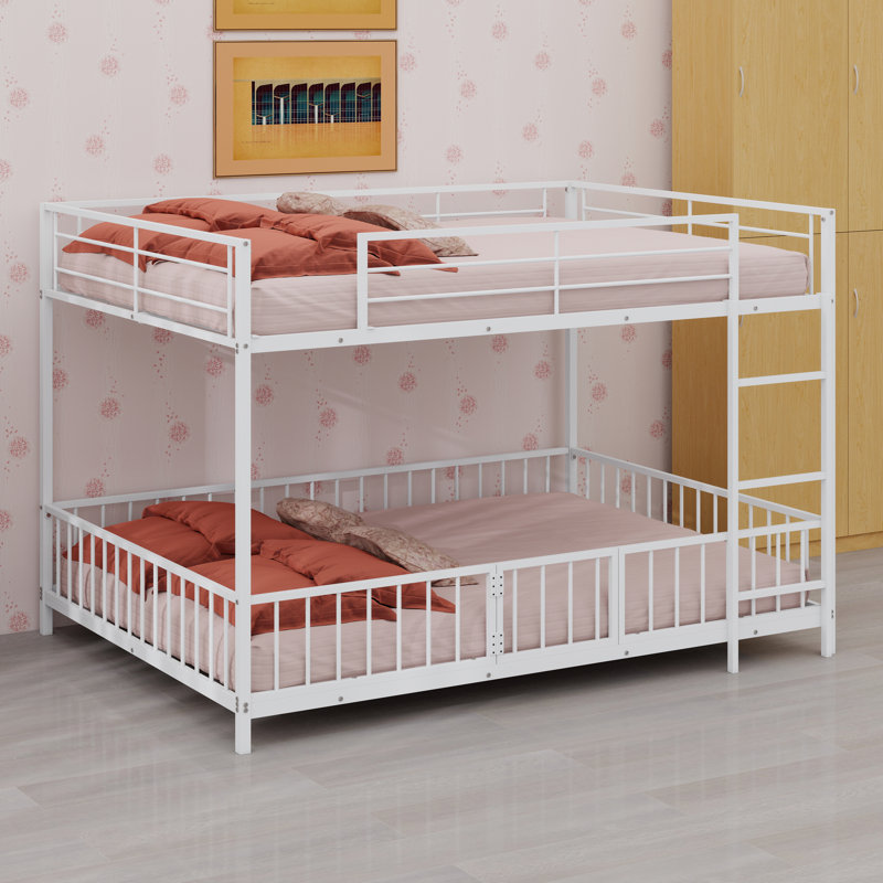 Structure de lit superposé en métal robuste avec glissière intégrée, échelle, clôture et porte, Blanc