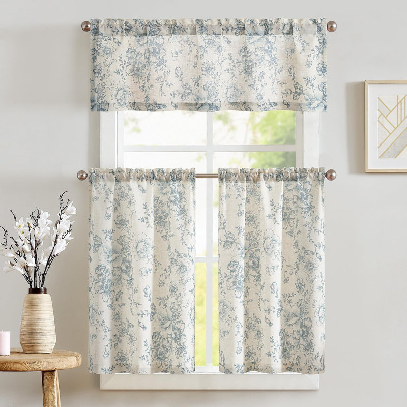 Rod Pocket Floral Kitchen Curtains, Blue, 52" W x 24" L