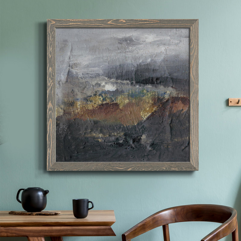 «Mountains In The Mist I», toile encadrée de qualité supérieure - prête à être accrochée, Cadre gris