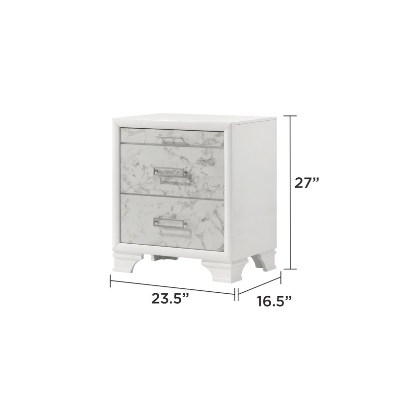 Armoire de chevet blanche moderne au design fonctionnel, avec tiroirs ornés de marbre et poignées élégantes pour la table de rangement de la chambre à coucher