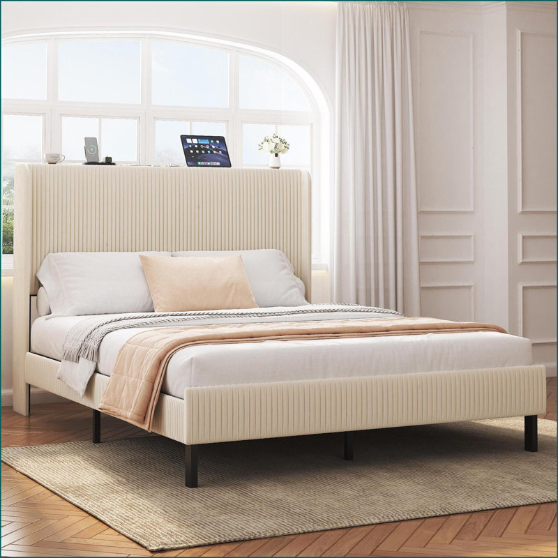 Structure de lit plateforme en métal avec station de charge pour grand lit, beige, sans sommier tapissier nécessaire pour la chambre principale