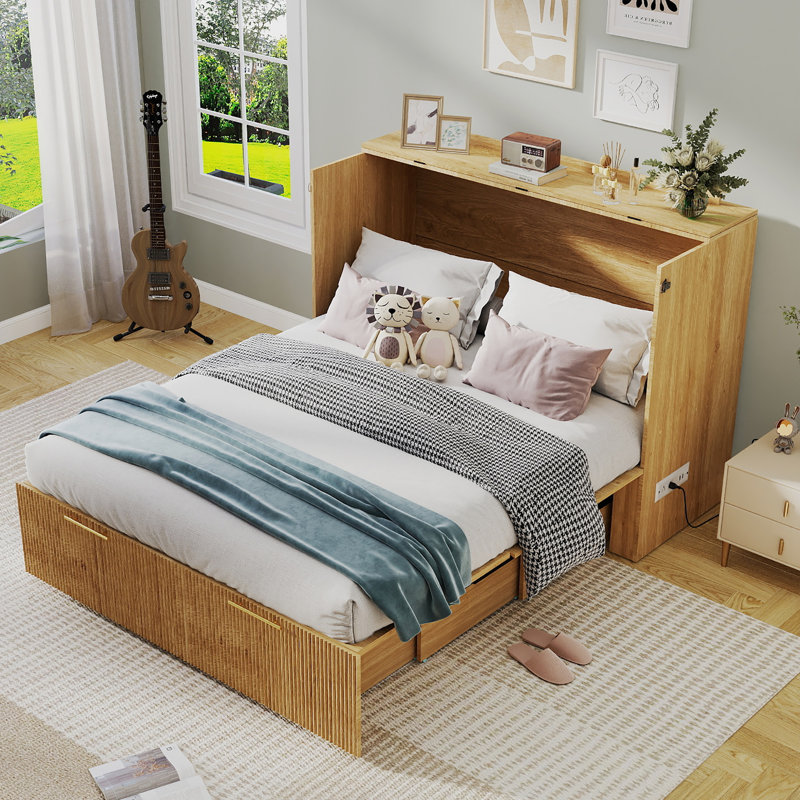 Modern Murphy Bed Cabinet with Storage Drawer, USB Charging Station & Fold-out Design