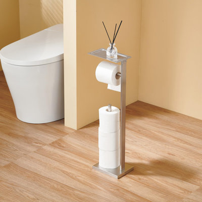 Freestanding Toilet Paper Holder With Storage Tray, Stainless Steel Paper Roll Dispenser, Modern Square Design For Bathroom Or Living Space