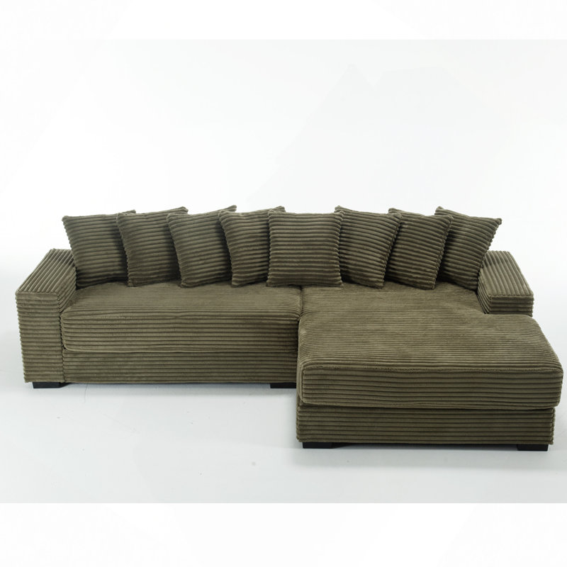 Compression Modular L-Shaped Corduroy Sofa, Green Corduroy, Right Hand Facing