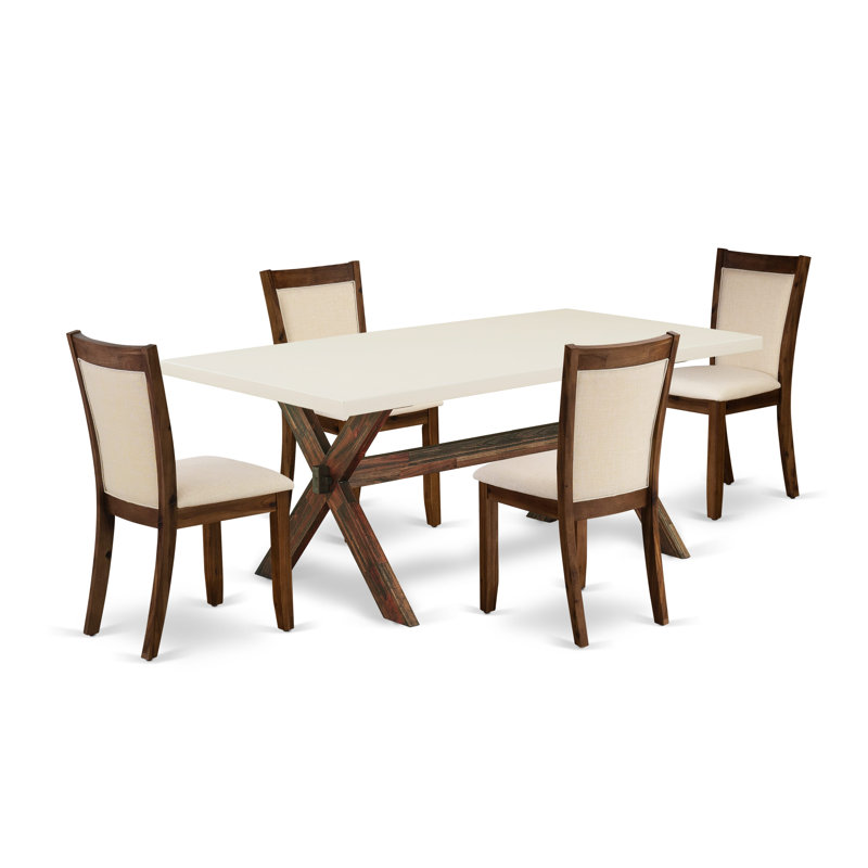 L'ensemble de mobilier de salle à manger 5 pièces comprend une table de salle à manger rectangulaire avec des pieds en X et 4 chaises rembourrées en lin beige clair, jacobin vieilli