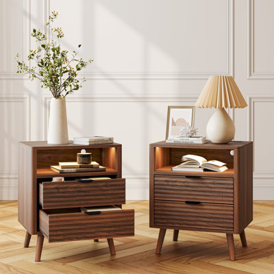 Table de chevet 19,7 po avec 2 tiroirs et tablette ouverte, table de chevet avec lumières et prises à DEL, table de bout pour la chambre à coucher ou le salon