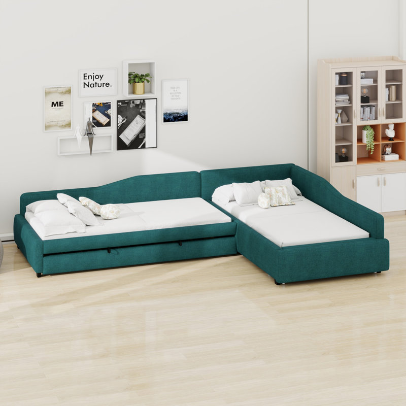 Upholstered Double Daybed With Trundle And Drawer, Green