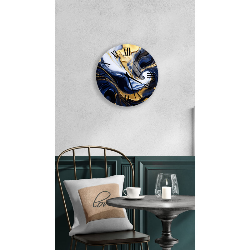 Horloge murale moderne moderne abstraite fluide en bleu et blanc avec détails dorés en verre trempé, Noir