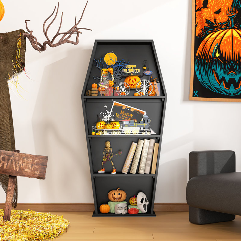 Halloween Goth Coffin Shelf with Spider Web, Wooden Coffin Bookshelf Gothic Decor for Home, Crystal Shelves for Display, Black Spooky Curio Shelf for Home Decor, Witchy Room Decor for Oddities
