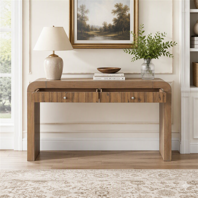 Console rustique avec tiroir cannelé, coins arrondis et pieds épais pour le vestibule ou le salon, Bois naturel