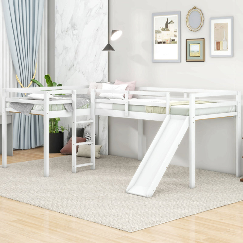 Lit mezzanine simple en L avec échelle et toboggan, Blanc