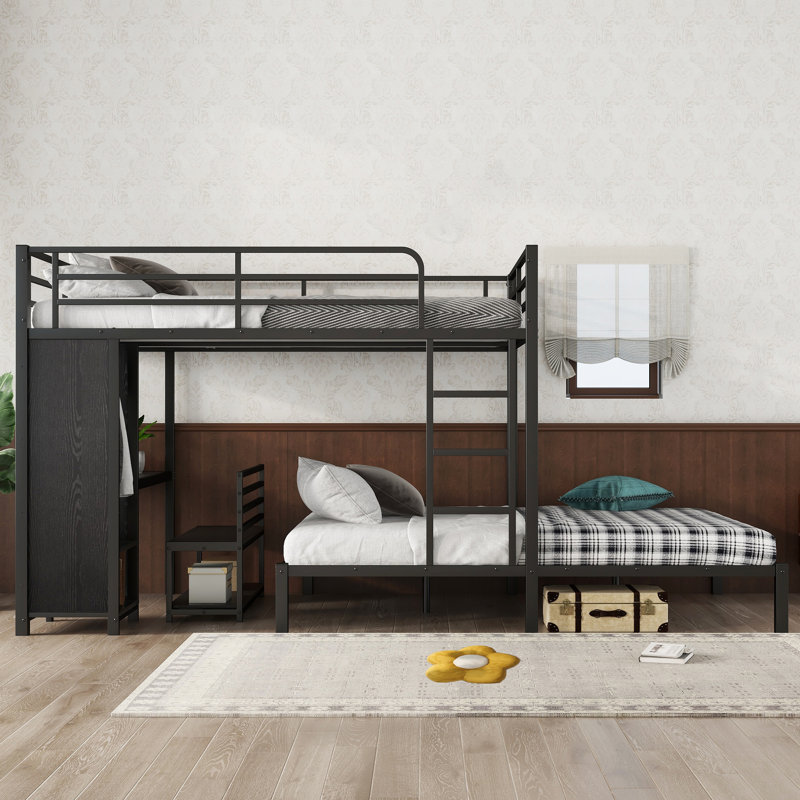 Metal Queen Over Queen Size Bunk Bed Frame With Built-In Wardrobe, Desk And Storage Chairs