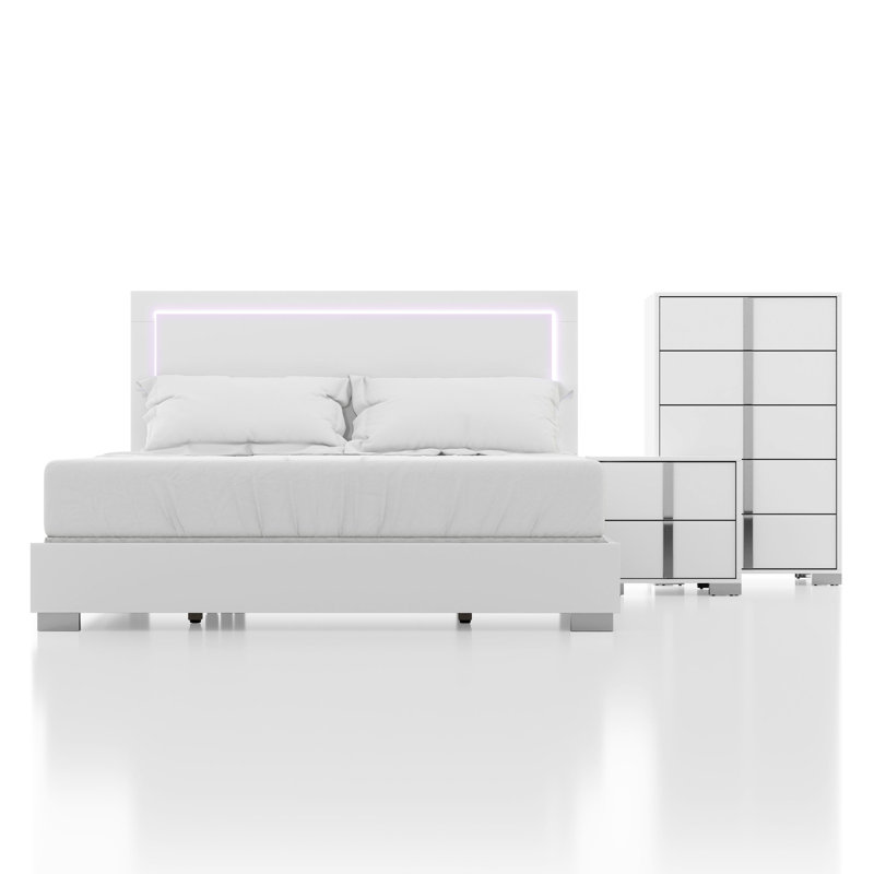 Ensemble de chambre Duckworth, Grand, Blanc, 6 Pcs: Bed, 2 Nightstands, 2 Dressers, Mirror