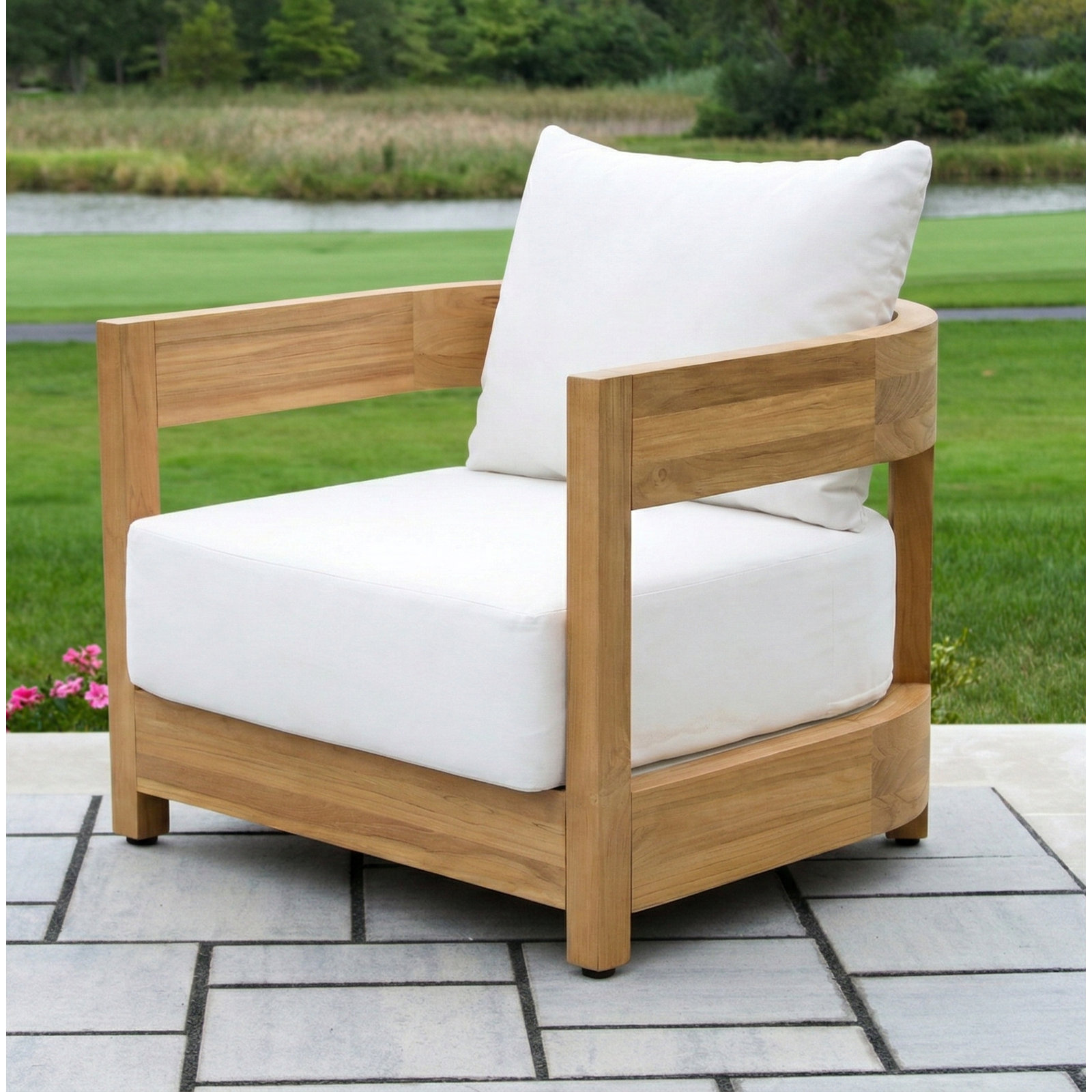 Everlee Solid Teak Curved-Back Patio Club Chair With Sunbrella Cushions, White