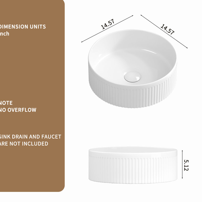 14 Inch Round Porcelain Ceramic White Vessel Sink, Vertical Stripes And Elegant Design, Easy To Clean For Bathroom Vanity Modern With Stripes, Maintenance Cabinet