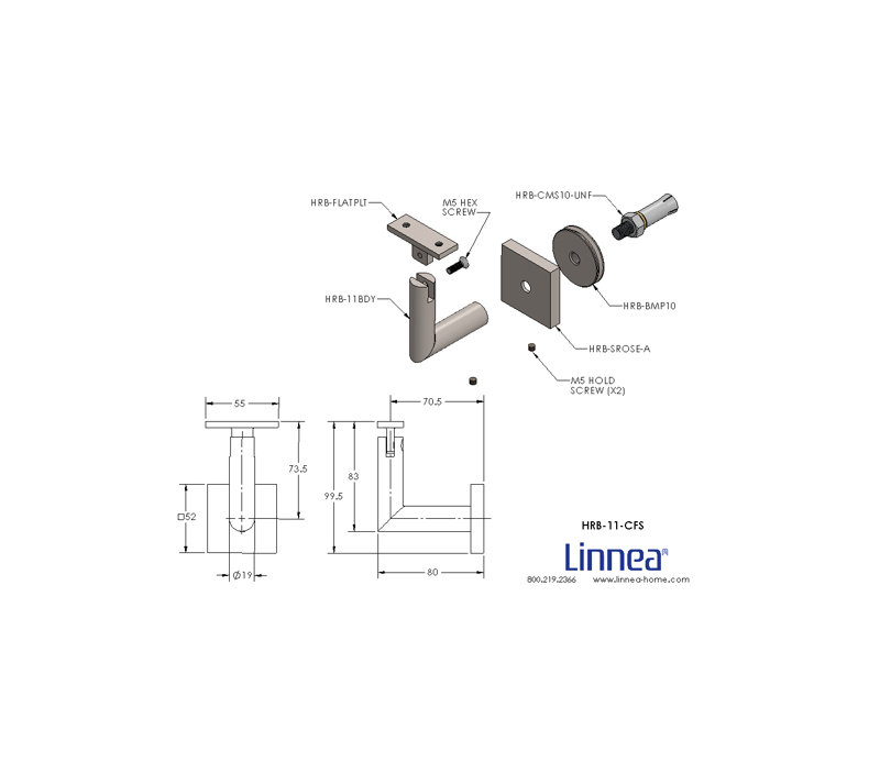 Concrete Mount Handrail Bracket with Square Rose and Flat Plate, Satin Stainless Steel
