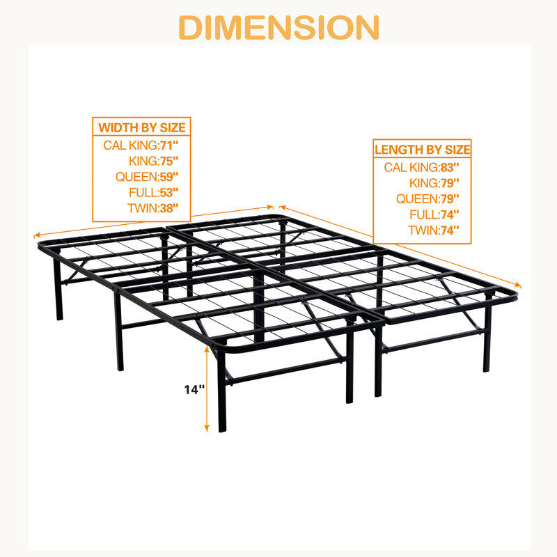 Base de lit pliante en métal 14 po pour grand lit avec sommier tapissier de remplacement pour rangement sous le lit
