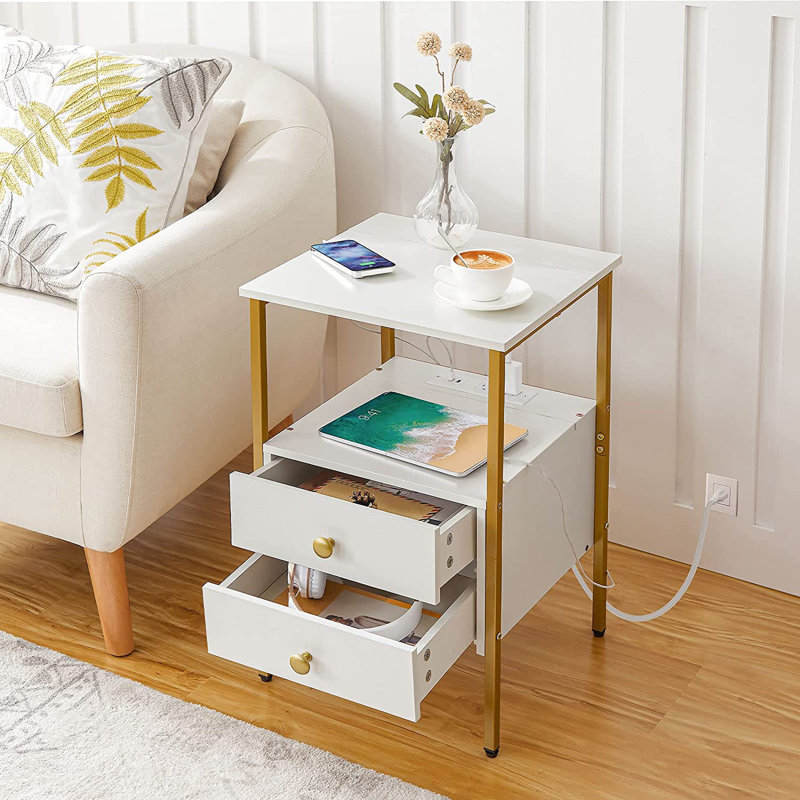 Pake 2 - Drawer 23.6" Tall Iron Nightstand with Storage and Built-In Outlets, White/Gold, Individual