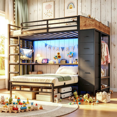 Bunk Bed with L Desk and Storage Hall Tree LED Metal Platform Captain Bed Double Twin Size Bedroom Space Saving Kids Bed