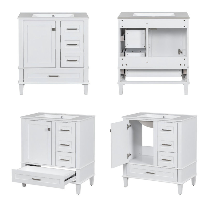 30" Modern Bathroom Cabinet with Sink Combo Set, Soft Closing Door and 3 Drawers, White/Gold