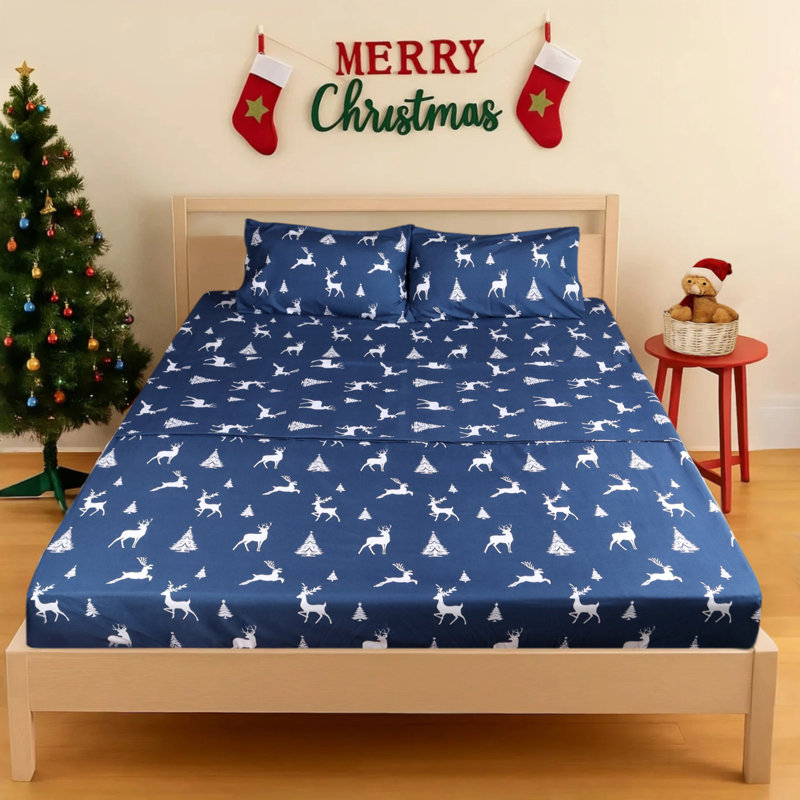 Ensemble de draps pour grand lit 4 pièces Gogreen, Ensemble de draps pour grand lit avec 2 taies d'or, Noël - G1-F