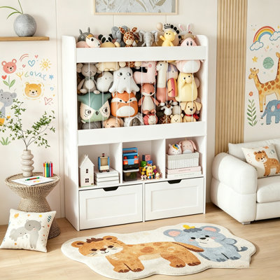 51.7"H Toy Box Storage Organizer,Large-Capacity Stuffed Animal Storage with 2 Movable Storage Drawers,3 Storage Cubes, Kids Bookshelf for Kids Room, Playroom(White)