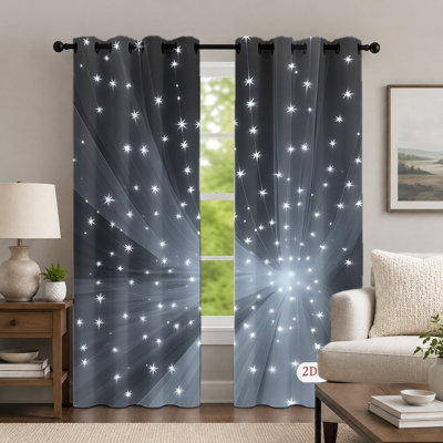 2Pcs White Starry Sky Curtains, Celestial Night Style Curtain, Decorative Sparkle Light Beam Printed Art Grommet Drapes, Window Treatment for Bedroom Living Room Decor