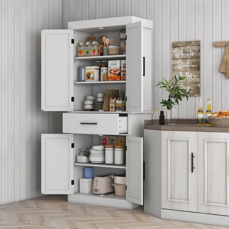 White Farmhouse Freestanding Kitchen Pantry Cabinet with Barn Doors