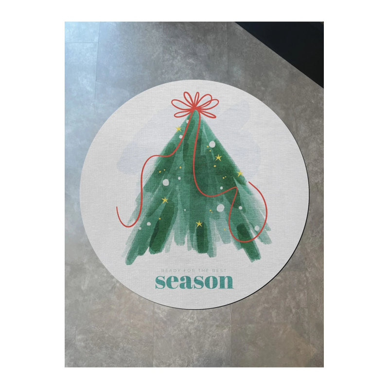 Green Beige New Year's Themed Seasonal Printed Tree Patterned Modern Woven Base Round Rug, Round 3'4"