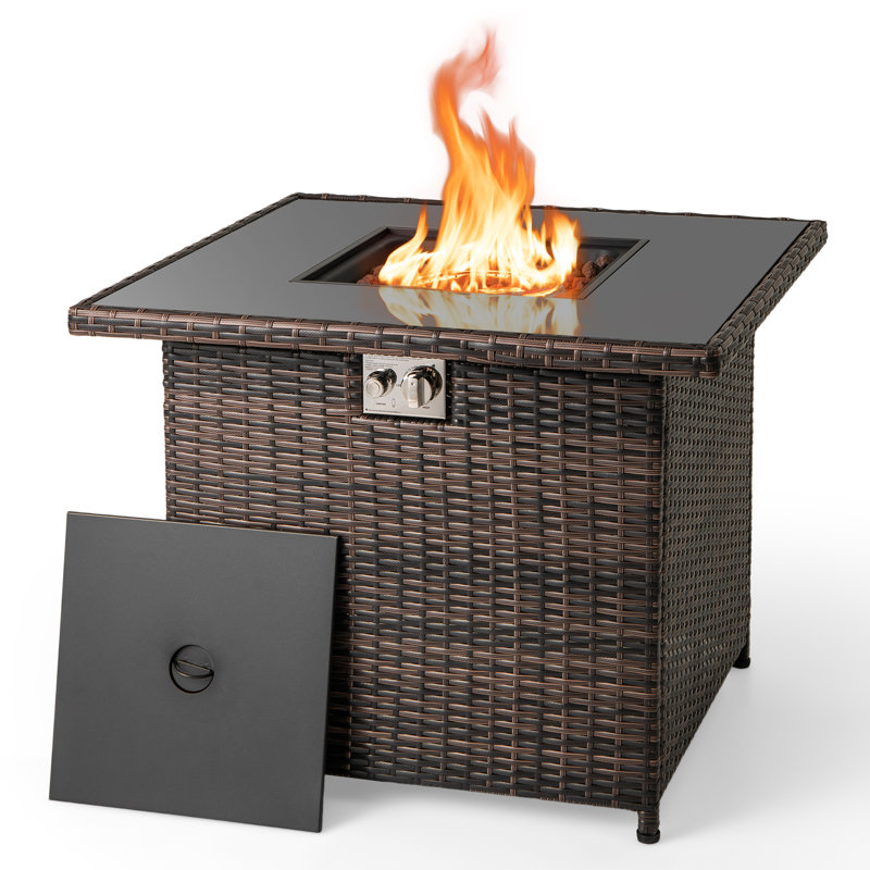 32.5" Propane Fire Pit Table with 50,000 BTU Burner, Tempered Glass Surface, Lava Rocks & Protective Cover, Mix Brown